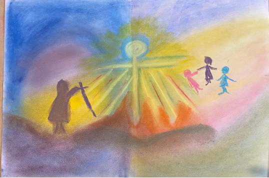 Pintura en pastel de un camino de vida: una figura luminosa al centro, niños que corren hacia ella y una figura mayor que se aleja apoyada en un bastón