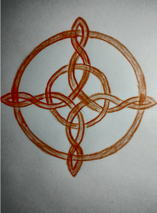 Dibujo de formas: nudo entrelazado en tonos terracota, de trazo circular con cuatro puntas
