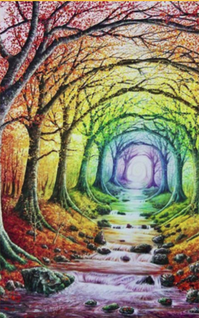 Pintura de un sendero de agua que atraviesa un túnel de árboles cuyos colores recorren el arcoíris, del otoño rojizo hacia una luz violeta